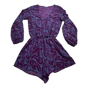 Olive Tree Womens Purple Blue Floral V Neck Long Sleeve Romper S